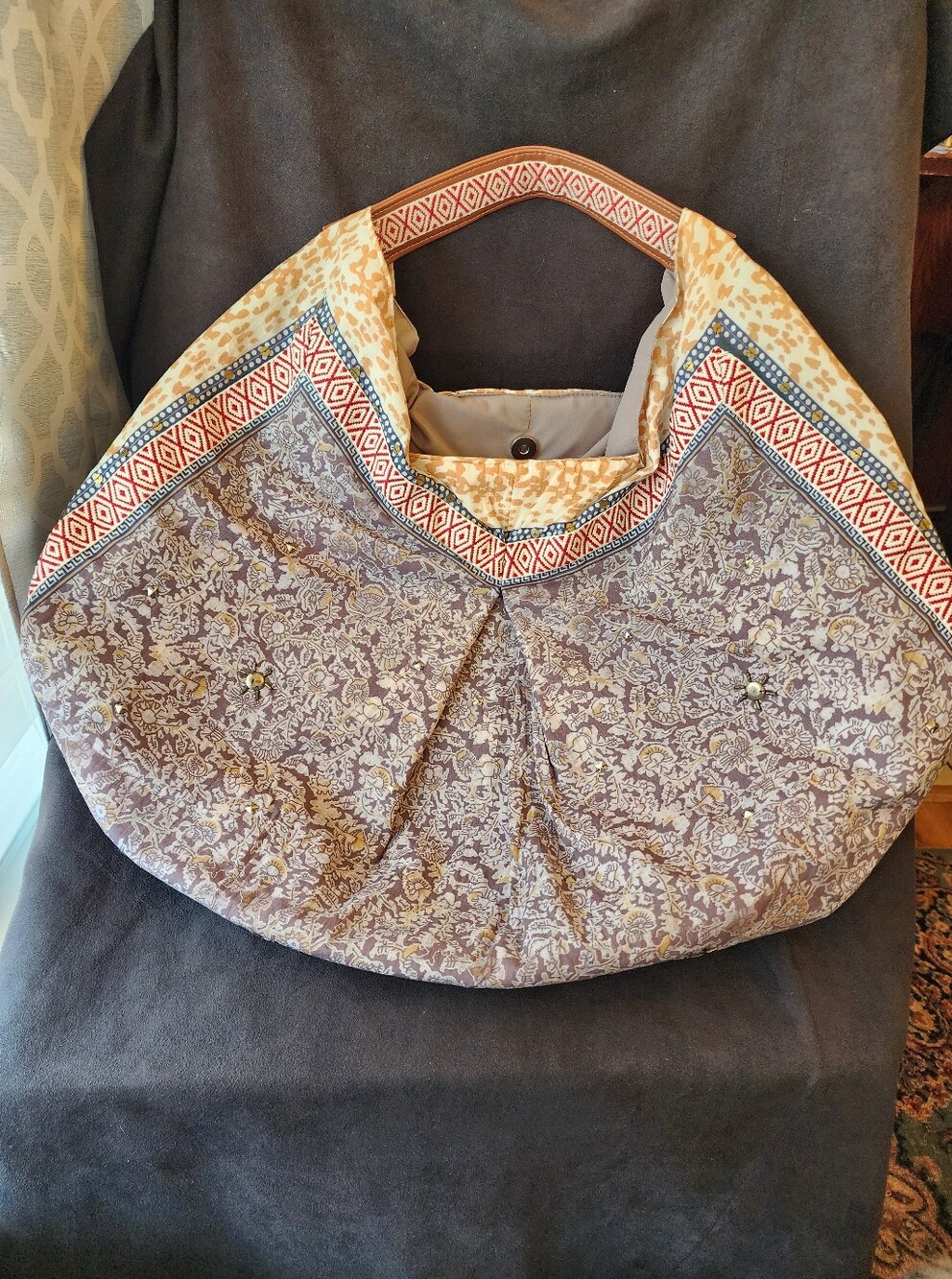 Free People Boho Poppy Crescent Bag Geometric Floral Patchwork Hobo Tote EUC